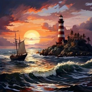 Diamond Painting Kit - Serene Lighthouse and Sailboat Sunset Scene